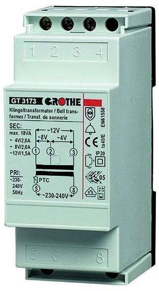 Mintgrünes DIN-Schienen-Transformatormodul mit der Bezeichnung „GT 3173 GROTHE" mit den Anschlüssen 1-8 und Schaltplan auf der Vorderseite.