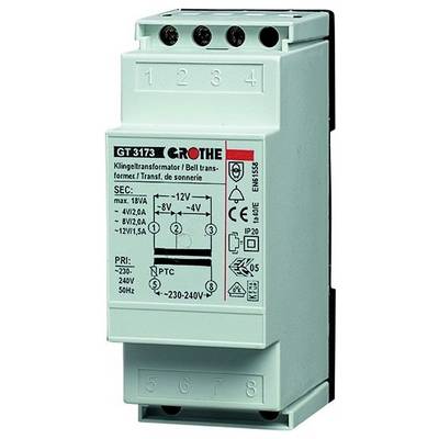 Mintgrünes DIN-Schienen-Transformatormodul mit der Bezeichnung „GT 3173 GROTHE" mit den Anschlüssen 1-8 und Schaltplan auf der Vorderseite.