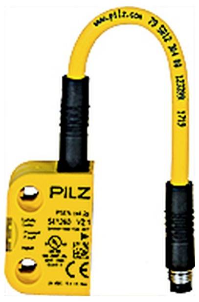 Gelber PILZ-Industriesicherheitssensor mit angeschlossenem Kabel und Stecker auf weißem Hintergrund.