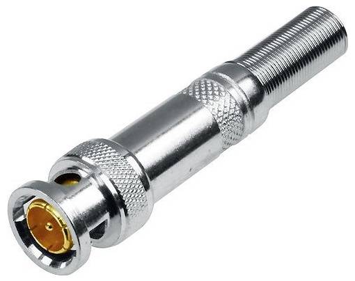 Metallischer koaxialer Steckeradapter mit Gewinde und gerilltem Griff, isoliert auf weißem Hintergrund dargestellt.