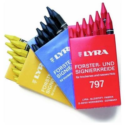 Sortierte LYRA-Markierungsstifte in Rot-, Blau-, Gelb- und Schwarzpackungen, beschriftet mit "FÖRSTER- UND SIGNIERKREIDE" und "797".