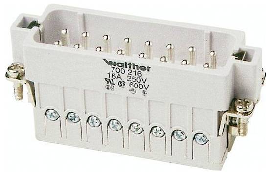 Weißer rechteckiger Elektrosteckverbinder mit mehreren Metallstiften und Schraubklemmen, beschriftet mit "Walther 700 216 16A 250V 600V".