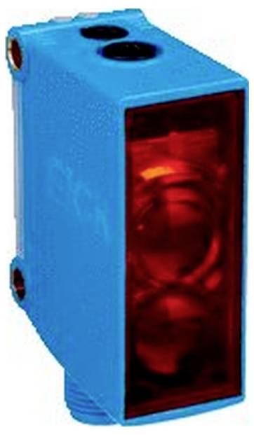 Blauer industrieller Fotoelektrischer Sensor mit roter Linse und oben angebrachten Einstellungsanschlüssen, isoliert auf weißem Hintergrund.