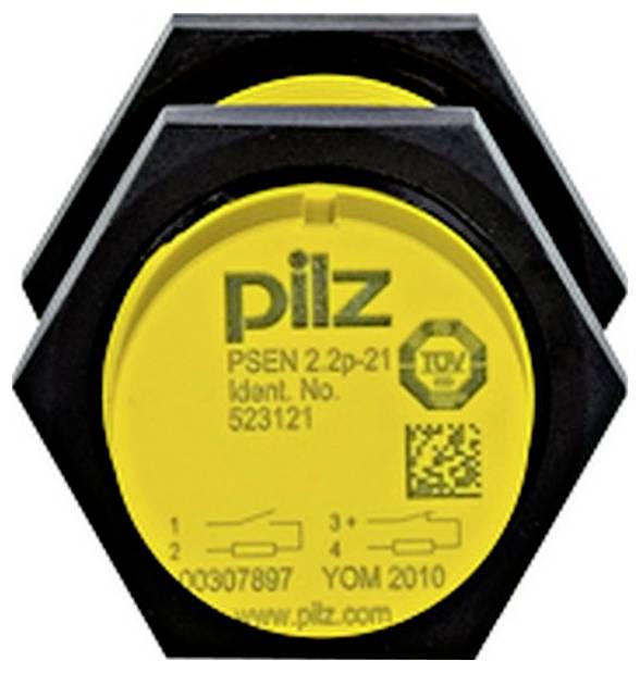 Gelber Pilz PSEN 2.2p-21 Sicherheitssensor mit schwarzem sechskantigen Gehäuse und aufgedruckter Modellnummer auf der Vorderseite.