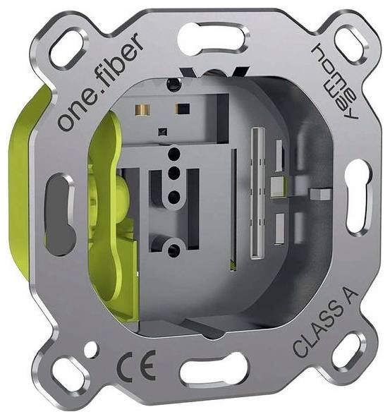 Nahaufnahme einer Wanddose für Heimaudio mit einer Faser, gekennzeichnet mit „one fiber", „home" und „CLASS A" mit einem grünen Steckermodul.