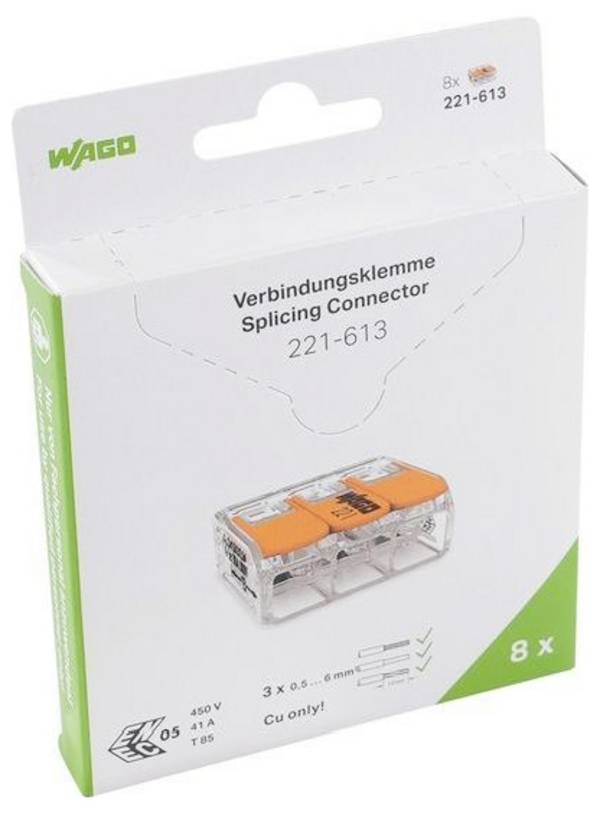 WAGO 221-613/995-008 Verbindungsklemme flexibel: 0.5-4 mm² starr: 0.5-6 mm² 8 St. Farblos, Transparent