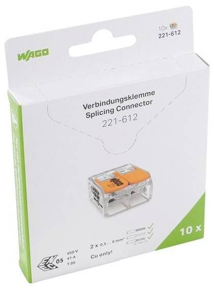 WAGO 221-612 Verbindungsklemmen-Packung mit 10 Stück in Weiß und Grün im Einzelhandelskarton, mit Produktabbildung und Etikett "Verbindungsklemme Splicing Connector".