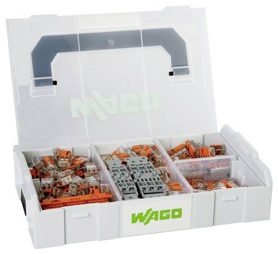 Offene Kunststoff-Organizer-Box mit Fächern für WAGO-Elektrostecker und -Klemmenblöcke, Deckel offen mit Griff und Branding.