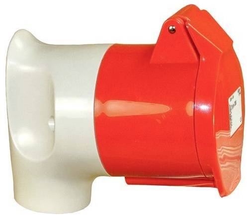 Rot-weiß-Stromsteckeradapter auf neutralem Hintergrund, Seitenansicht.
