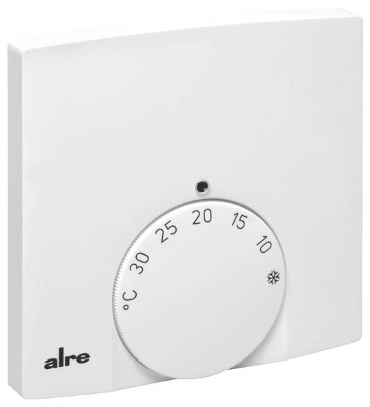 Weißes Wandthermostat mit rundem Drehregler in Grad Celsius gekennzeichnet, Marke 'alre'.