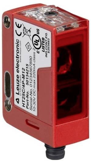 Roter Leuze electronic Fotozensor mit klarer Frontlinse und Befestigungslöchern, gezeigt mit Produktetikett und Kabelausgang.
