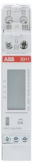 ABB DIN-Schienen-Stromzählermodul mit LCD-Display, Ein-/Ausgangsanschlüssen und drei Schraubklemmen zur Stromüberwachung.