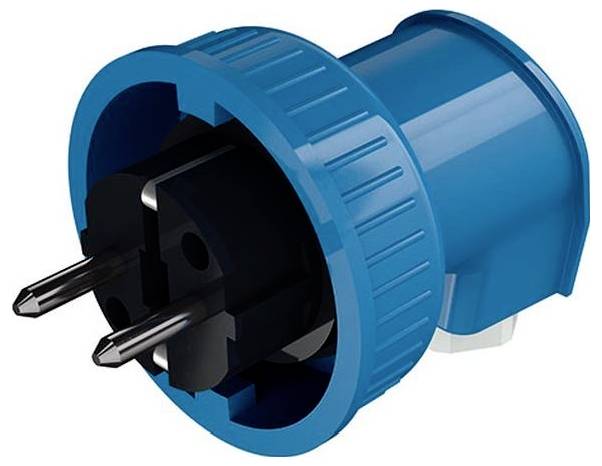 Blauer Stecker für industrielle Elektroverbindungen mit zwei Metallstiften, in Nahaufnahme vor weißem Hintergrund dargestellt.