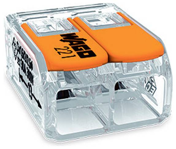 Durchsichtiger WAGO 221 Hebel-Drahtverbinder mit zwei orangefarbenen Verriegelungshebeln auf weißem Hintergrund.