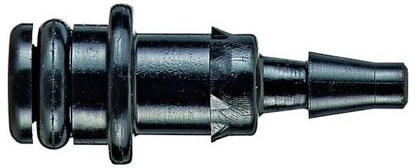 Schwarzer Kunststoff-Schlauchverbinder mit Widerhaken, gerader zylindrischer Adapter mit geripptem Ende und Flanschkragen auf weißem Hintergrund