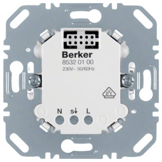 Berker 8532 01 00 Elektrischer Wandschaltermodul mit Metallmontageplatte und gekennzeichneten N-, S- und L-Anschlüssen.