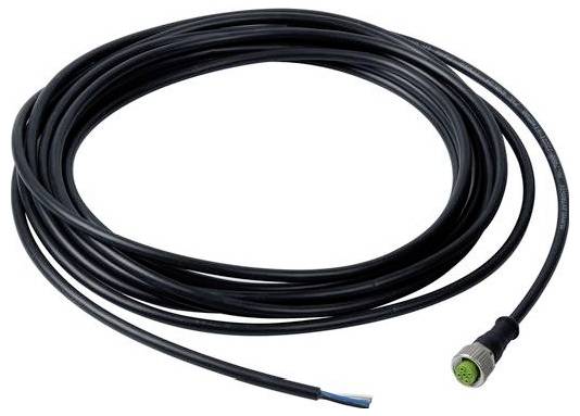 Schwarzes gewundenes Kabel mit einem runden grünen Stecker an einem Ende und freiliegenden Drähten am anderen Ende