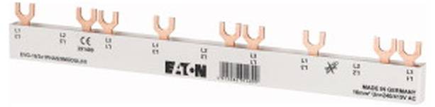 Ein weißer Eaton-Elektrosicherungsstreifen mit mehreren orangefarbenen U-förmigen Steckverbindern und gedruckten Etiketten, shown on a plain background.