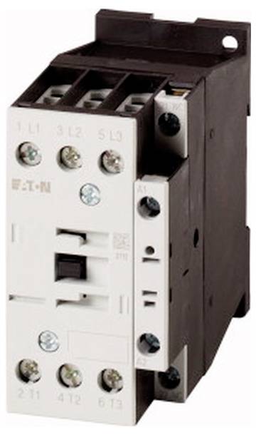 Nahaufnahme eines Eaton-Elektroschalters mit weißer Frontplatte, Schraubklemmen und schwarzem Gehäuse auf neutralem Hintergrund.