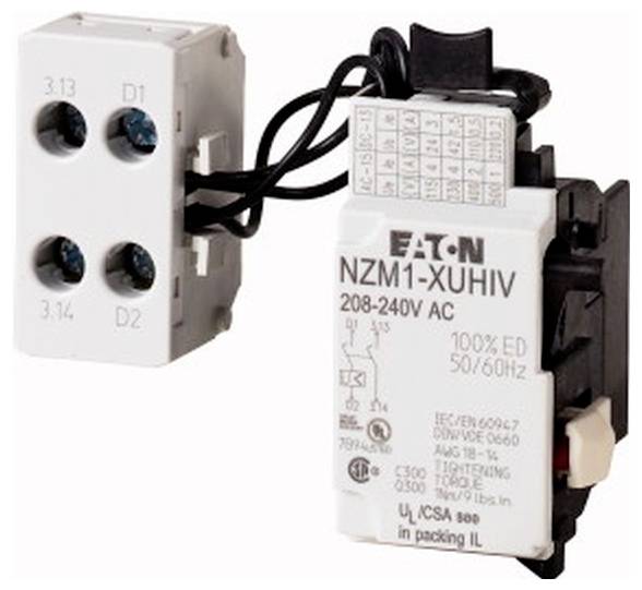 Weißer Eaton NZM1-XUHIV 208-240V AC Elektrozubehörmodul mit angeschlossenem Klemmblock und Verkabelung.