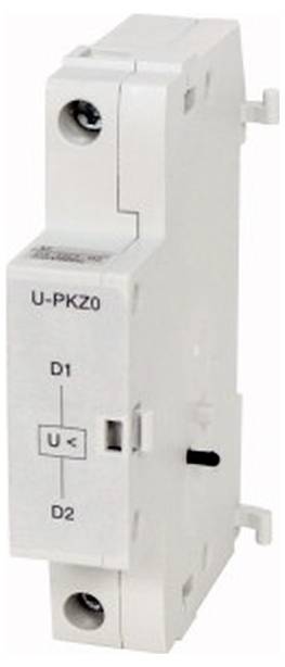 Weiße DIN-Schienen-Schutzvorrichtung mit der Bezeichnung „U-PKZ0" mit D1- und D2-Markierungen, Vorderansicht dargestellt.