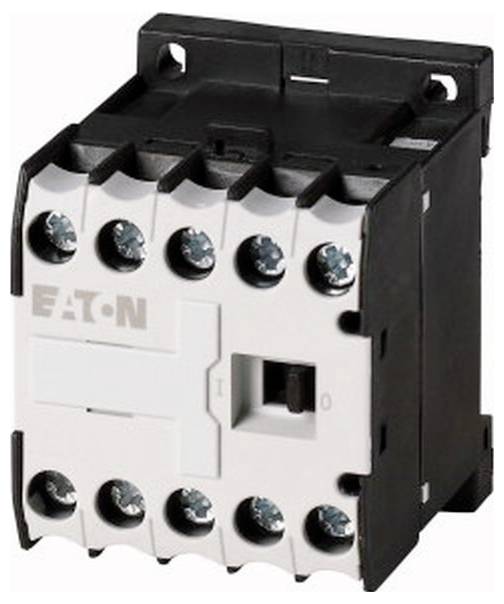Schwarzer und weißer Eaton-Elektrokontaktor mit Schraubklemmen und einem vorderen Ein-/Aus-Schalter.