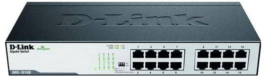 D-Link 16-Port-Gigabit-Switch, Vorderansicht, mit Status-LEDs und Ethernet-Anschlüssen mit den Bezeichnungen 1-16.