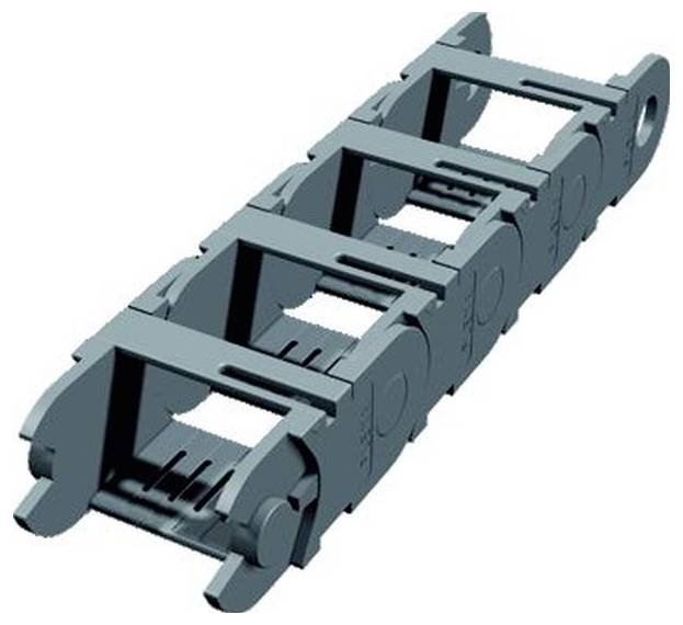 3D-CAD-Rendering einer segmentierten mechanischen Kette oder eines Förderband-Spurantriebs mit verbundenen rechteckigen Rahmen und seitlichen Montagelöchern