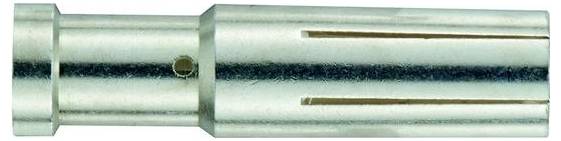 Metallischer zylindrischer Stecker oder Adapter mit abgestuftem Gehäuse und zwei langen Seitenschlitzen, in Großaufnahme auf weißem Hintergrund dargestellt.