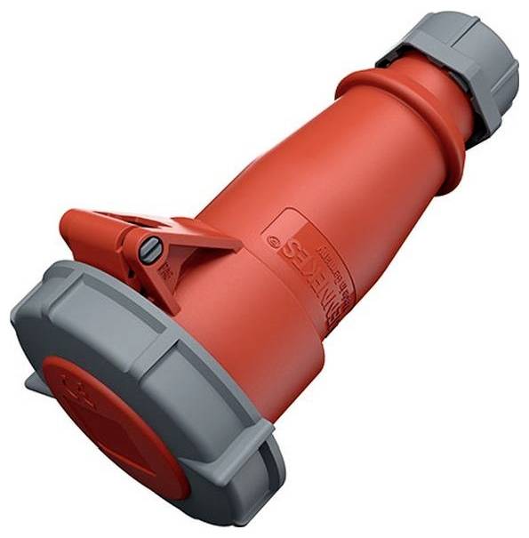Roter industrieller Elektrostecker mit grauen Schutzukappen und Verriegelungsmechanismus, auf weißem Hintergrund dargestellt.