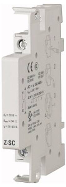 Weißes Elektroschutzschalter-Modul mit Klemmschrauben und gedruckten Beschriftungen, gezeigt in einer Nahaufnahme-Produktansicht.