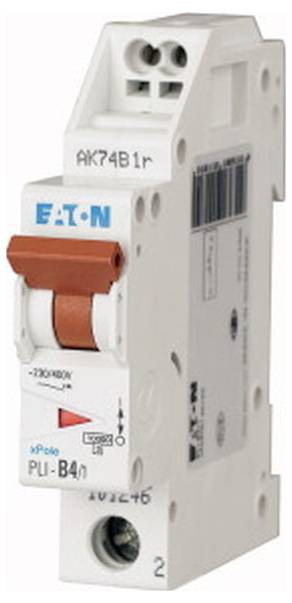 Eaton Einpolschalter mit orangem Schalthebel, mit der Bezeichnung „PL-B4n" und „AK74B1r", in der Produktansicht dargestellt.