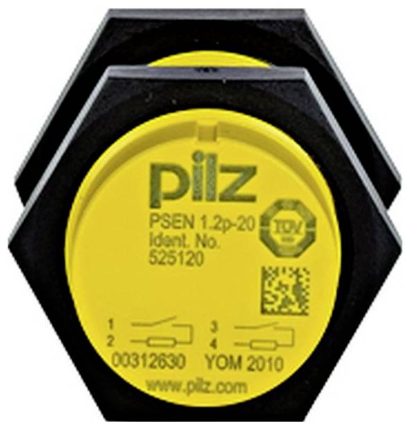 Nahaufnahme eines gelb-schwarzen Pilz-Sicherheitssensors mit der Bezeichnung „PSEN 1.2p-20" mit Modell- und Seriennummernmarkierungen.