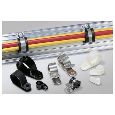 Kabelklemmen und Montageclips, die gebündelte Drähte entlang einer Metallleitung sichern, mit verschiedenen schwarzen, metallischen und weißen Befestigungselementen, die darunter angezeigt werden.