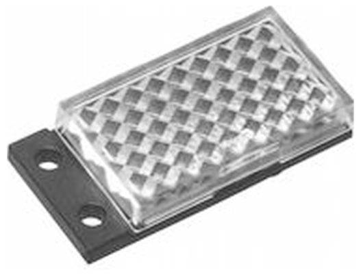 Klare rechteckige Linse mit strukturiertem Gittermuster auf einer schwarzen Montagebasis, ähnlich einem kleinen LED- oder Anzeigelichtmodul.