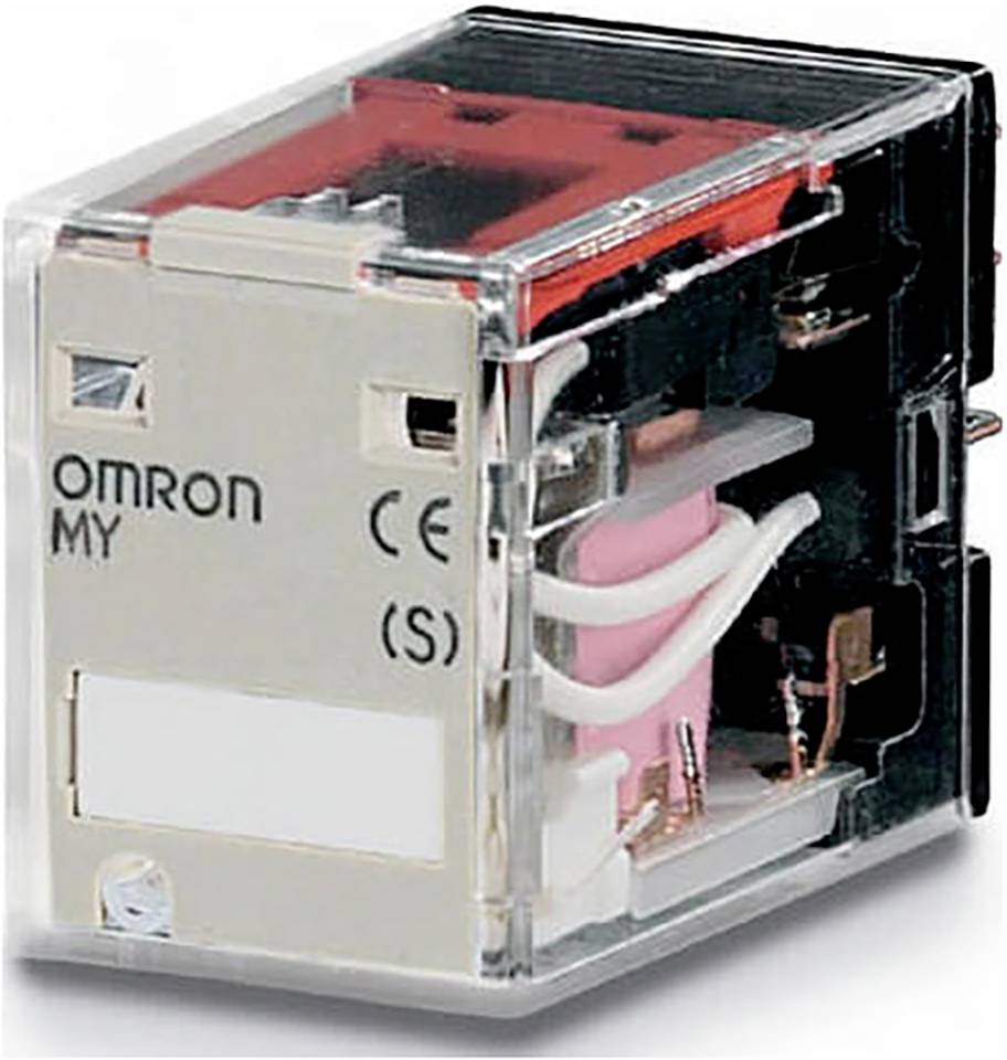 Nahaufnahme eines transparenten Omron MY Elektro-Relais-Würfels mit sichtbarer innerer Spule und Kontakten.