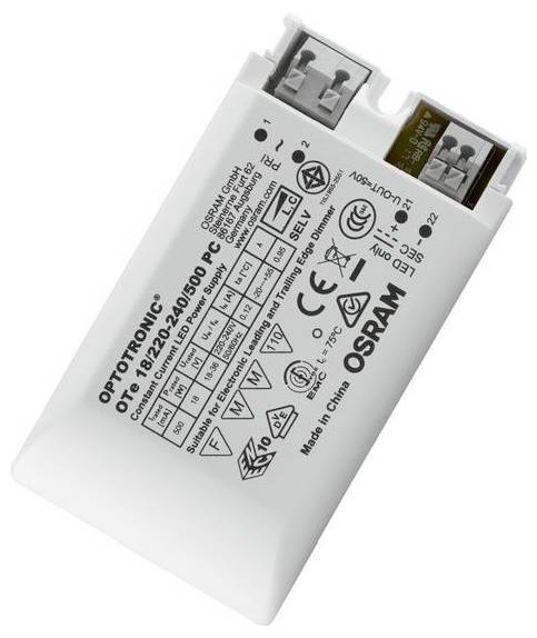 Weißes OSRAM OPTOTRONIC LED-Stromversorgungsmodul mit aufgedruckten Spezifikationen und zwei Drahtanschlüssen oben.