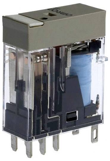 Transparentes elektromechanisches Relais mit sichtbarer Spule und Metallkontakten, gezeigt in einem durchsichtigen Kunststoffgehäuse mit mehreren Stiften.