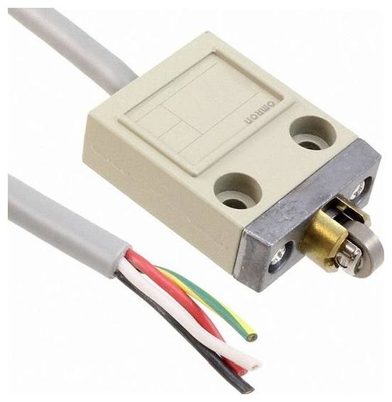 Rechteckiger Industrie-Sensor mit grauem Kabel und freigelegten mehrfarbigen Adern, in Nahaufnahme auf weißem Hintergrund dargestellt.