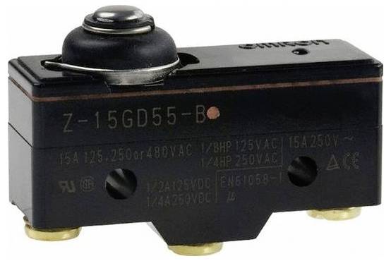 Schwarzer Mikroschalter mit großem oberem Betätigungsknopf und goldenen Anschlüssen, mit der Bezeichnung 'Z-15GD55-B', auf weißem Hintergrund dargestellt.
