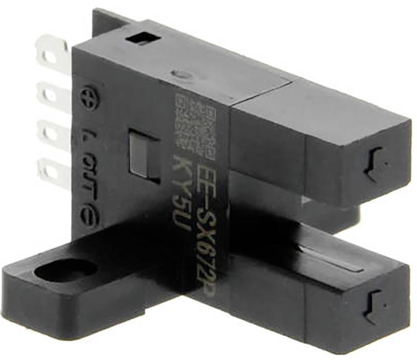 Schwarzer Schlitztyp-Lichtsensor mit drei Metallanschlüssen und Befestigungslaschen, gezeigt auf weißem Hintergrund.