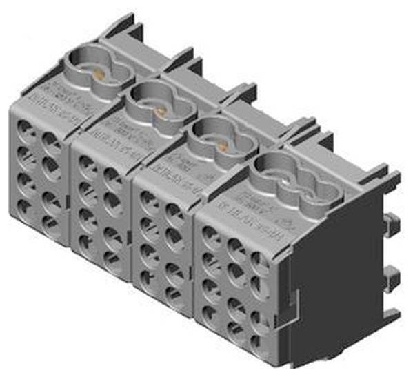Grauer mehrstöckiger elektrischer Steckerblockmit Reihen von kreisförmigen Steckerlöchern und seitlichen Montagelaschen, in 3D auf weißem Hintergrund dargestellt