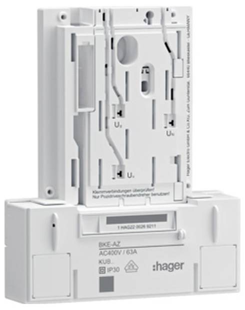 Weiße Hager Elektromontagebasis mit Leitungsschutzschalter-Modul und Verdrahtungsschlitzen, dargestellt als Produktfoto.