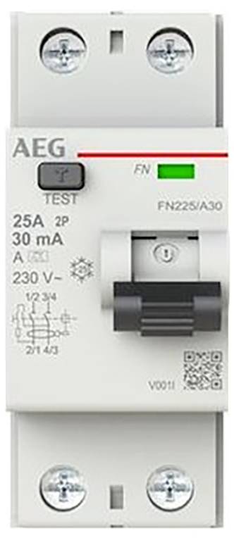 AEG zweipoliger Leitungsschutzschalter/FI-Schalter, 25A, 30 mA, 230V, mit Prüfknopf und Kippschalter.
