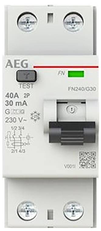 AEG-Fehlerstromschutzschalter, 40A 2P 30 mA, mit TEST-Taste, grünem Statusanzeiger und schwarzem Kippschalter.