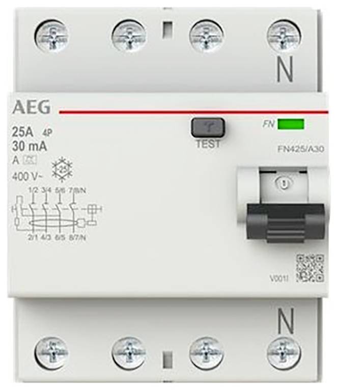 AEG 4-poliger 25A 30mA Fehlerstromschutzschalter mit TEST-Taste, grünem Statusanzeiger und großem Kippschalter.