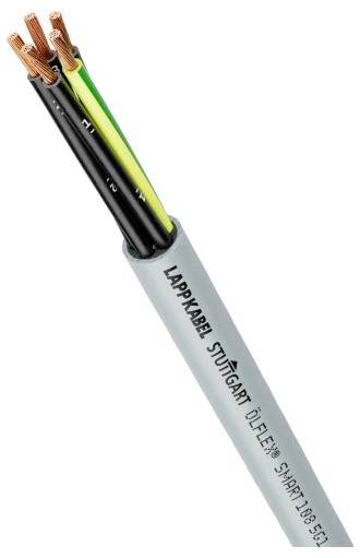 Nahaufnahme eines grauen Kabels mit der Beschriftung „LAPPKABEL" mit drei freiliegenden isolierten Drähten: schwarze, gelb-grüne und braune Kupferlitzen.
