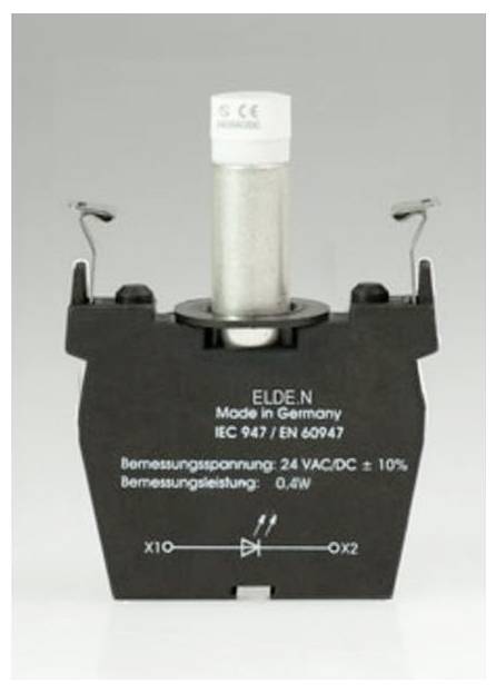 Schwarzes industrielles elektronisches Bauteil mit der Bezeichnung ELDE-N, mit einem vertikalen zylindrischen Teil und Anschlussmarkierungen X10 und X2, gezeigt vor einem einfarbigen Hintergrund.