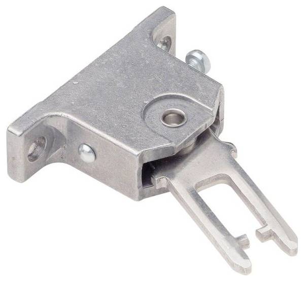 Metallische Verriegelung oder Befestigungsklammer mit gegabeltem Hebelarm und Befestigungslöchern, gezeigt auf weißem Hintergrund.
