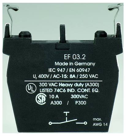 Schwarzes Stromschütz-/Relaismodul mit Bezeichnung „EF 03.2" mit Nennwerten, Zertifizierungszeichen und Schaltplan.